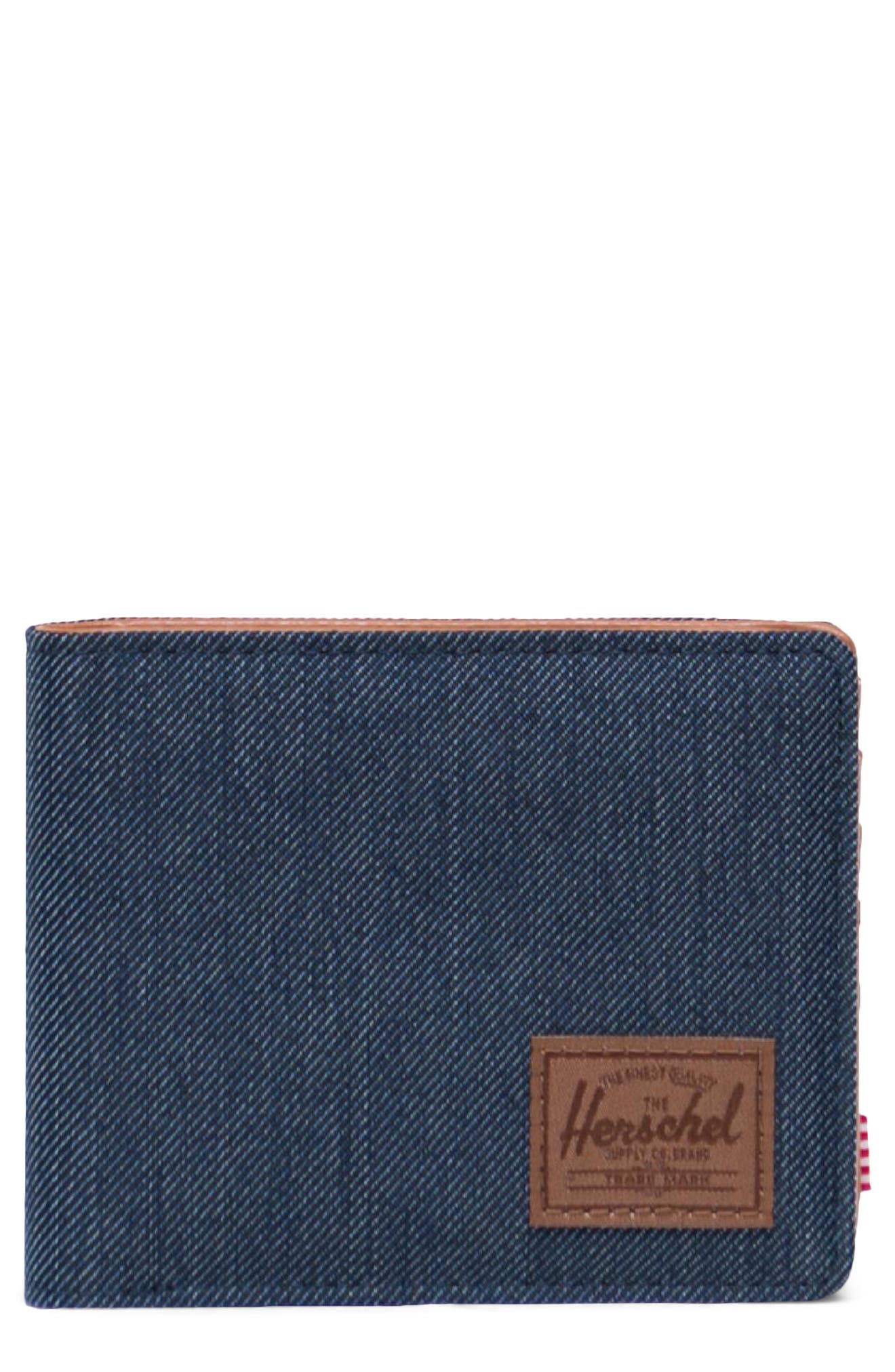 Herschel Supply Co Hank Rfid Bifold Wallet In Indigo Denim Crosshatch/brown