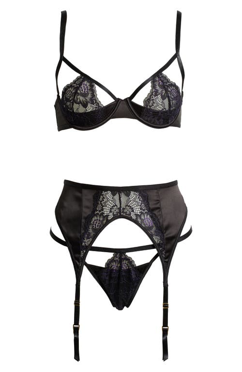 Shop Oh La La Cheri Demi Cutout Underwire Bra, G-string & Garter Belt Set In Black/heliotrope