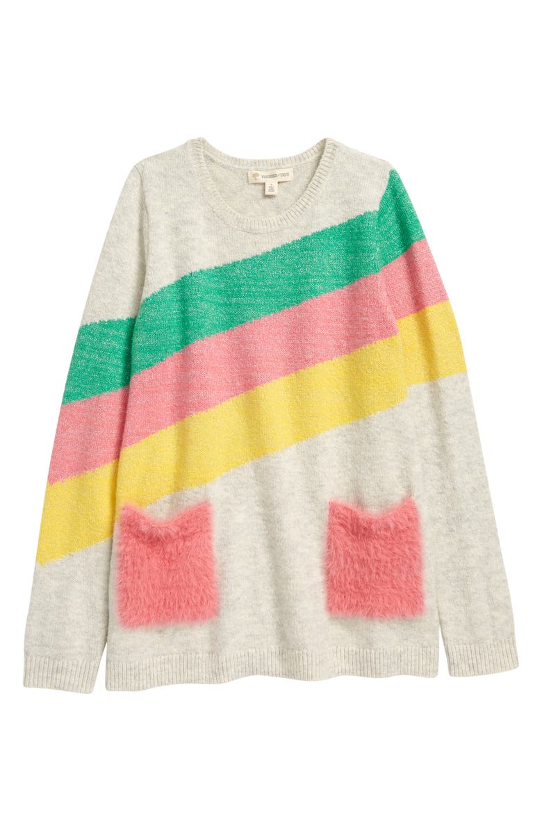 TUCKER + TATE Kids' Fun Times Jacquard Pocket Tunic Sweater, Main, color, GREY HEATHER SPARKLE STRIPE