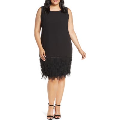 Plus Size Tahari Sleeveless Fringe Hem Shift Dress, Black