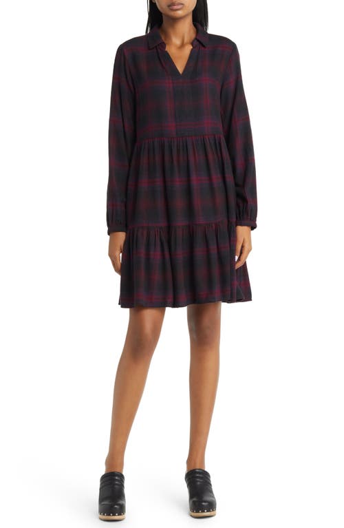beachlunchlounge Plaid Long Sleeve Tiered Dress in Prune Drop