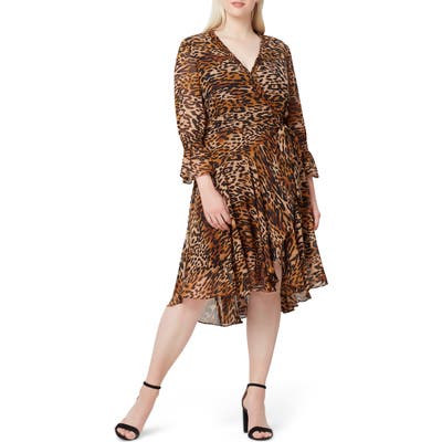 Plus Size Tahari Faux Wrap Chiffon Dress, Brown