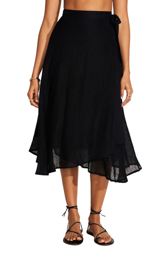 Shop Vitamin A ® Lana Linen Cover-up Wrap Midi Skirt In Black Eco Linen