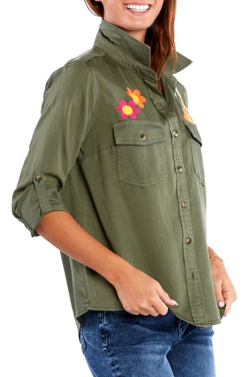 Billy T Peace & Love Embroidered Button-up Shirt In Soft Olive