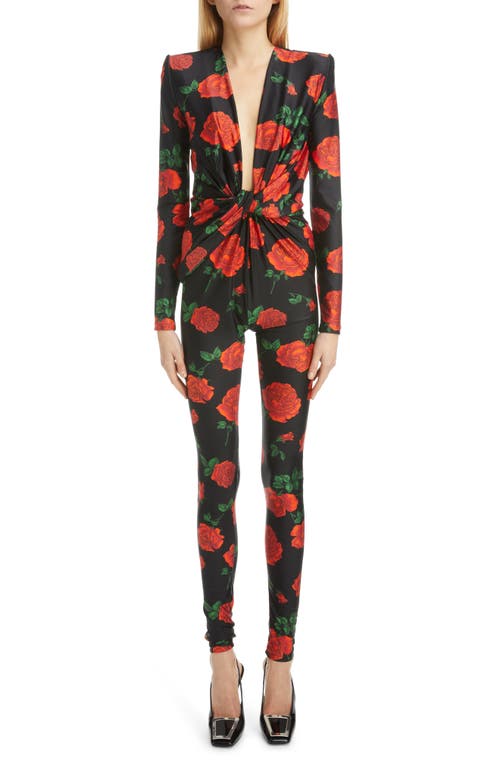 Rose Print Plunge Neck Long Sleeve Jersey Catsuit in Noir Rouge Craie