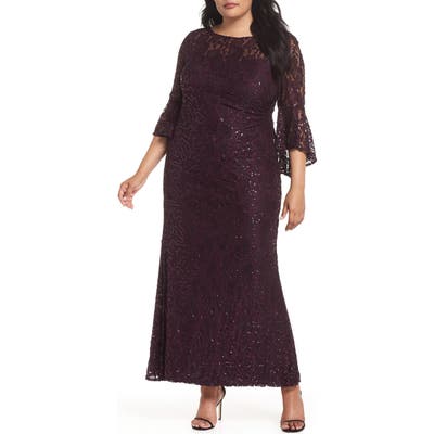 Plus Size Morgan & Co. Lace Bell Sleeve Gown, Purple