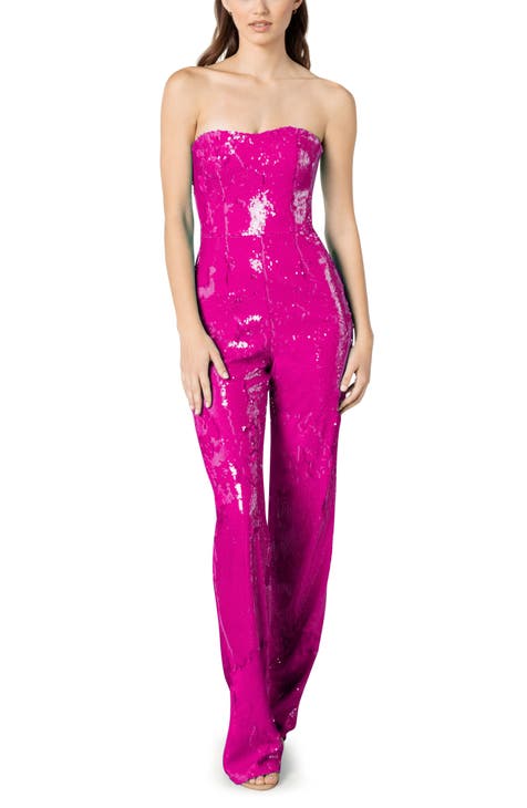 Hot Pink Ruffle Sleeve Cup Halter Strap Jumpsuit