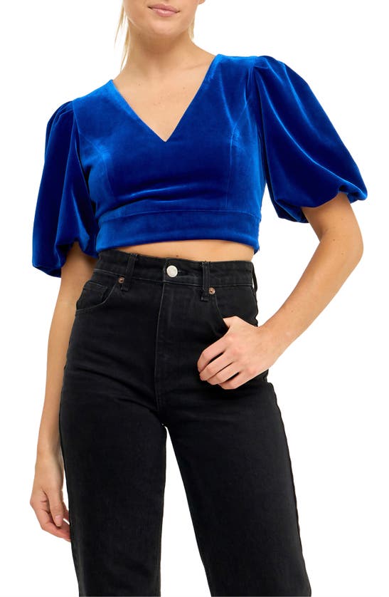 Endless Rose Puff Sleeve Velvet Crop Top In Cobalt Blue