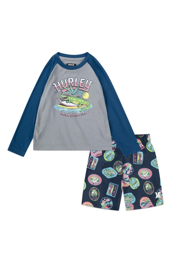 Shop Hurley Kids' Floral Print Swim Shirt & Trunks Set In Blue Force