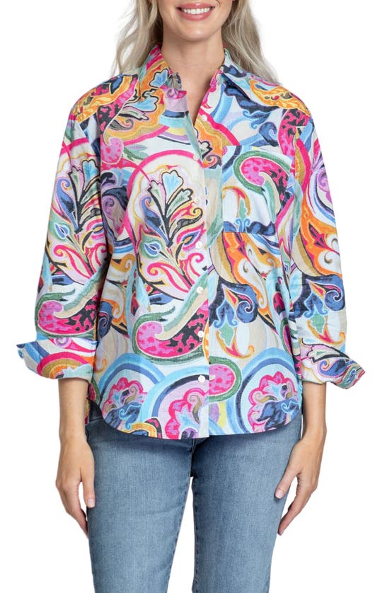 Shop Apny Paisley Print Cotton Roll Sleeve Button-up Shirt In Pink Multi