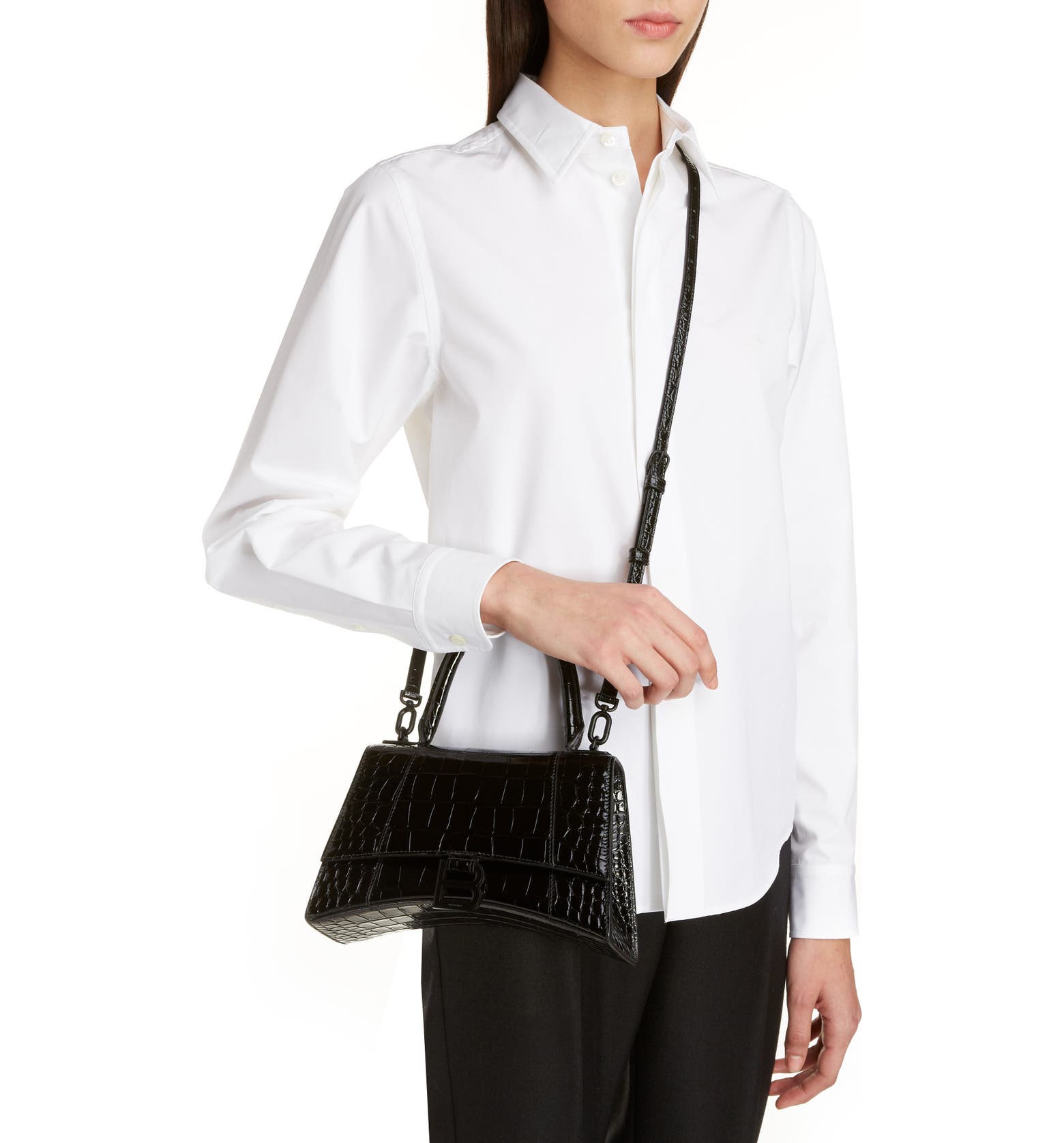 Balenciaga Extra Small Hourglass Croc Embossed Leather Top Handle Bag ...