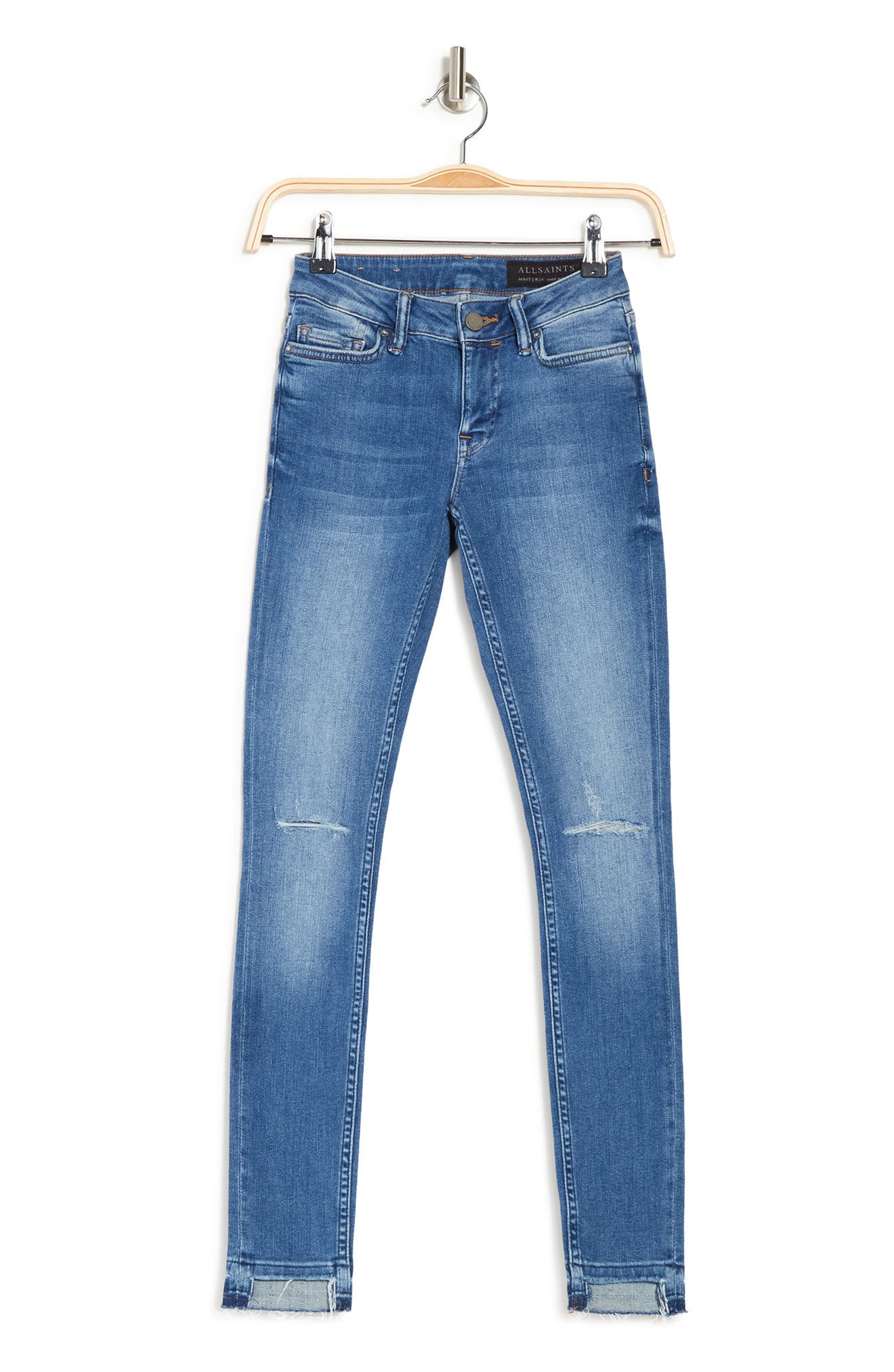 Allsaints Mast Destroys Ankle Cutout Skinny Jeans In Mid Indigo Blue