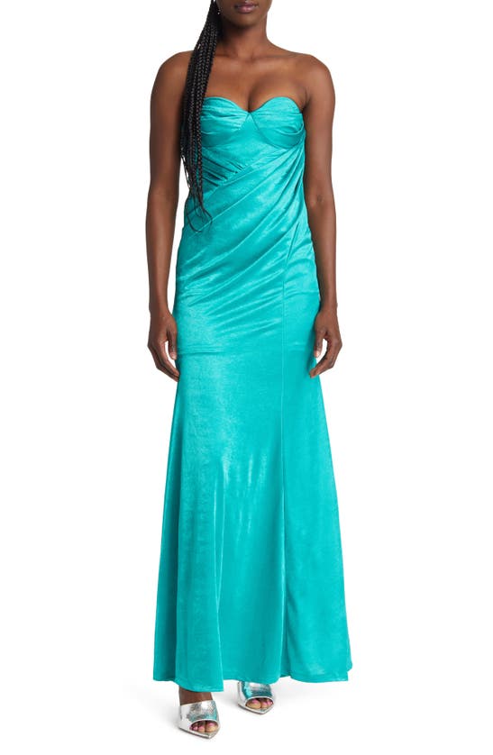 Asos Design Bandeau Tuck Drape Maxi Dress In Aqua-blue In Medium Blue