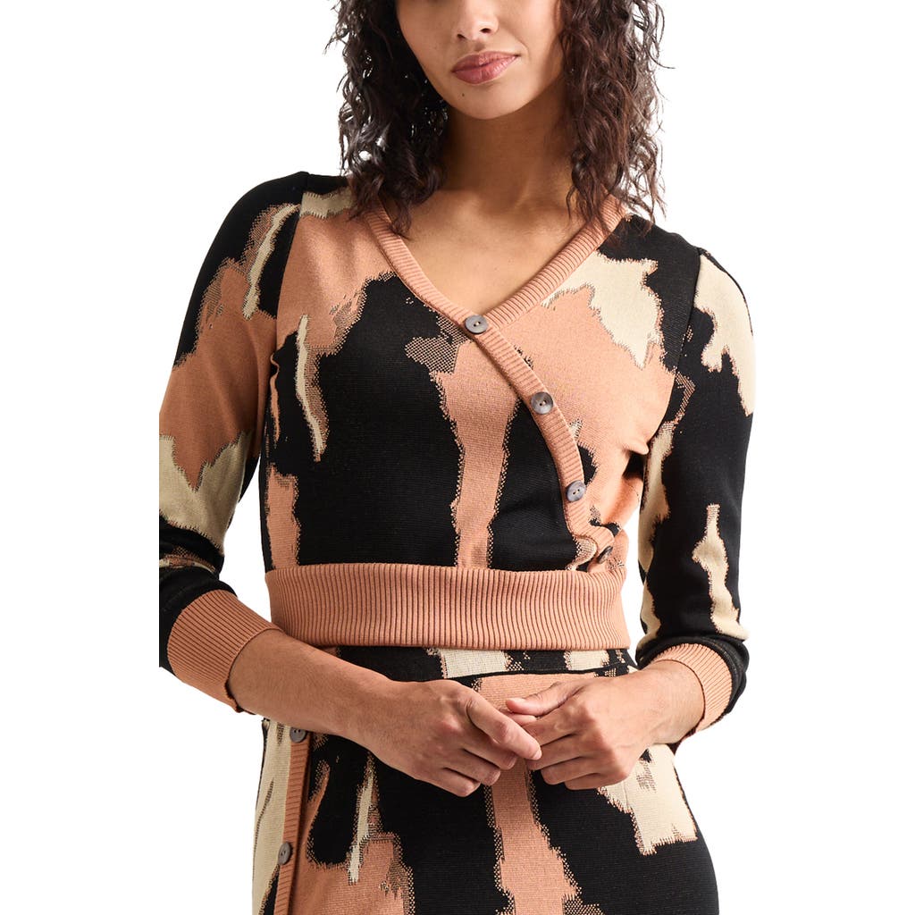 Misook Modern Fit Short Jacquard Soft Knit Sweater Top In Goldenwood/parchment/black