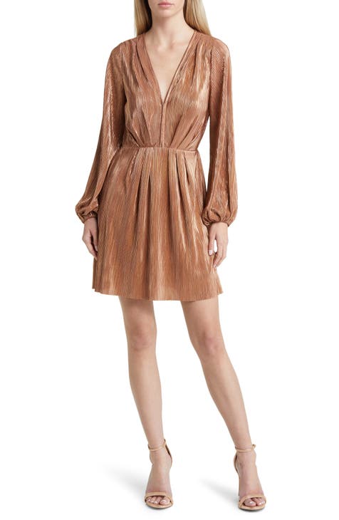 Long Sleeve Shiny Plissé Minidress