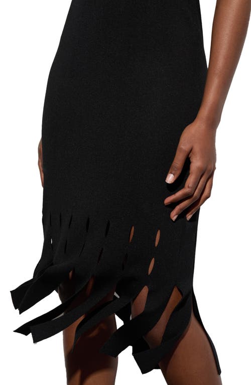 MING WANG MING WANG LASER CUT DETAIL FRINGE HEM KNIT MIDI DRESS