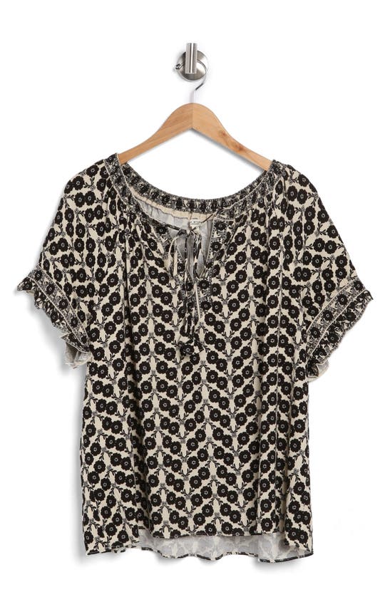 Max Studio Split Neck Top In Crm/ Blk Linum Floral