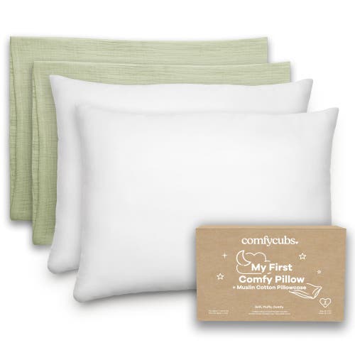 Comfy Cubs Toddler Pillow With Soft Muslin Pillowcase, Pack Of 2 In Sage