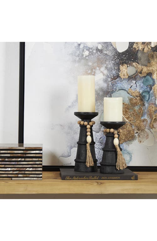 Willow Row Set Of 2 Wood Pillar Candle Holders In Black