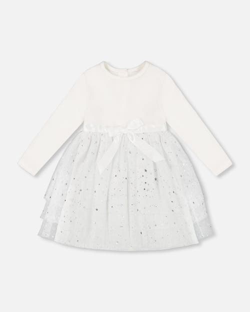 Deux Par Deux Baby Girl's Bi-material Dress With Glittering Tulle Skirt Off White