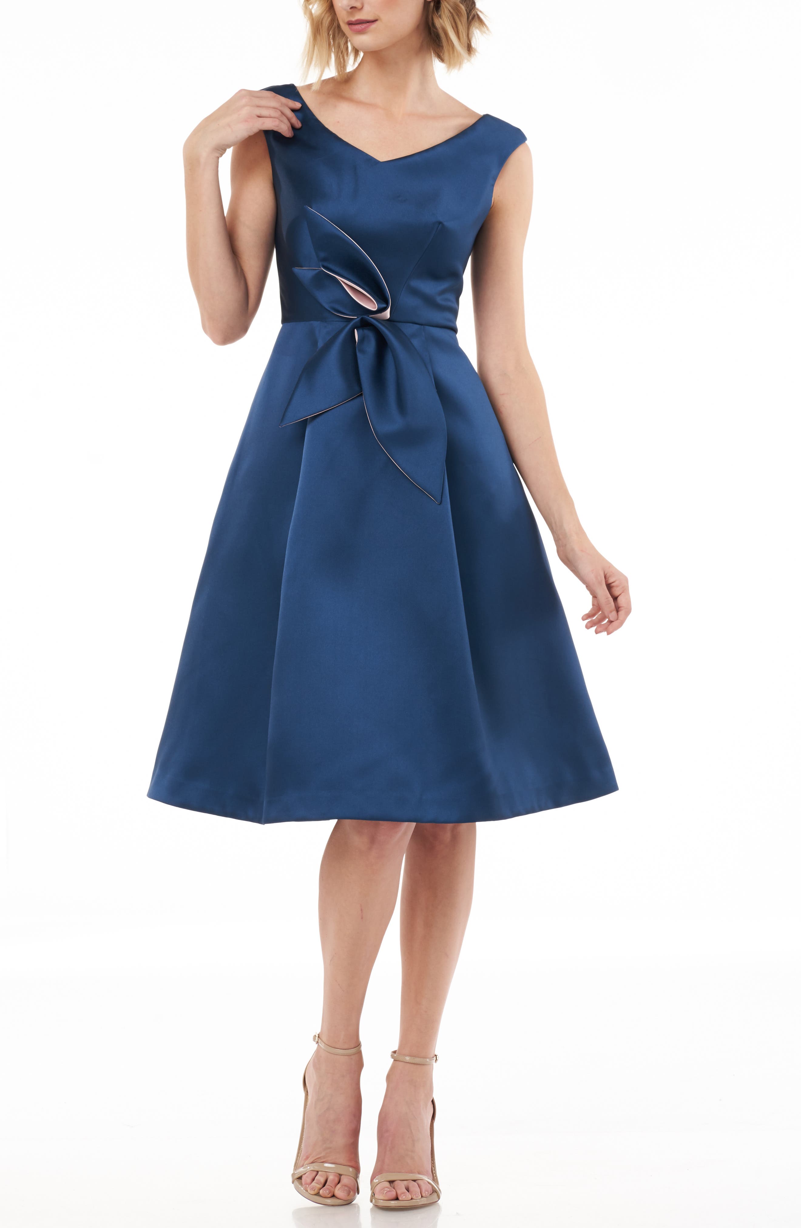 Kay Unger Sleeveless Stretch Mikado Fit & Flare Dress, Blue