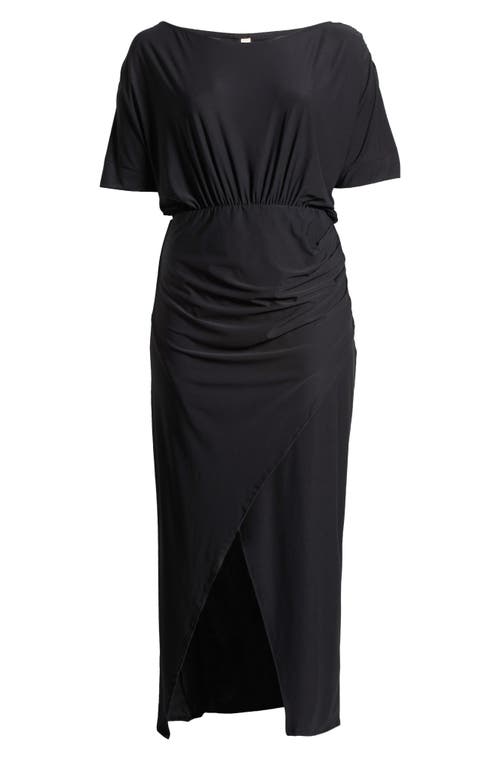 24seven Comfort Apparel Boat Neck Batwing Sleeve Slit Maxi Dress In Black