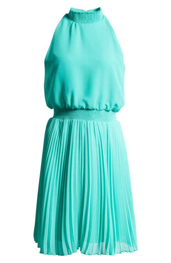Shop Sam Edelman Mock Neck Plissé Skirt Minidress In Turquoise