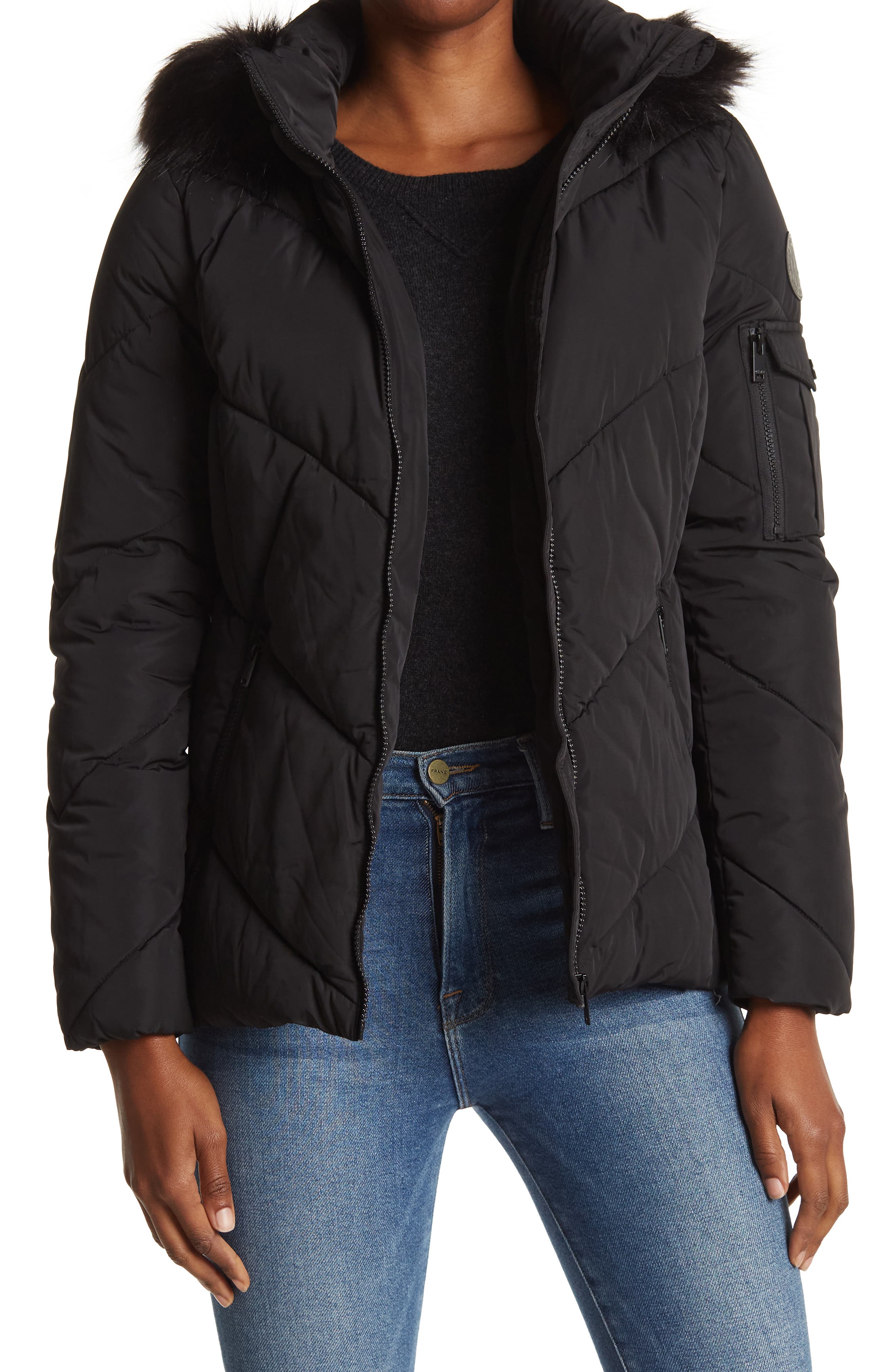 dkny faux fur short puffer jacket