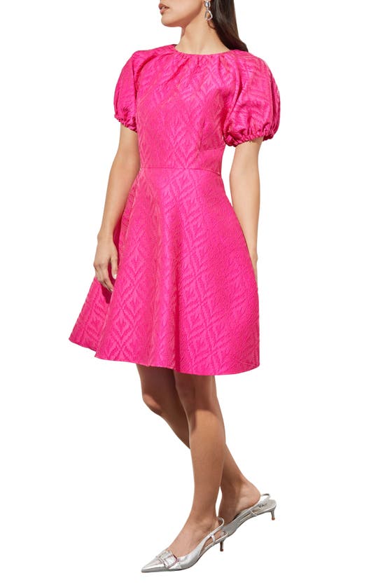 Shop Ming Wang Bouffont Puff Sleeve Jacquard Dress In Carmine Rose