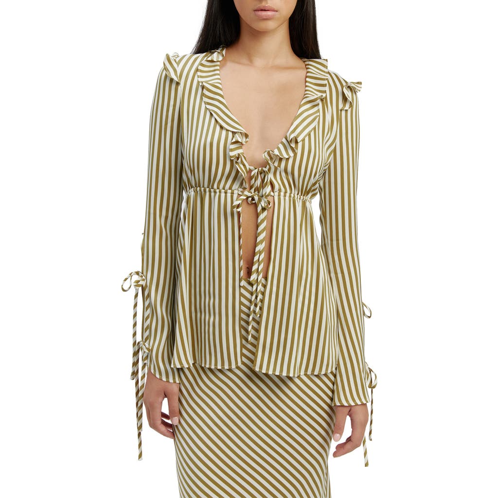 Bardot Dhalia Stripe Frill Tie Front Top In Green Stripe