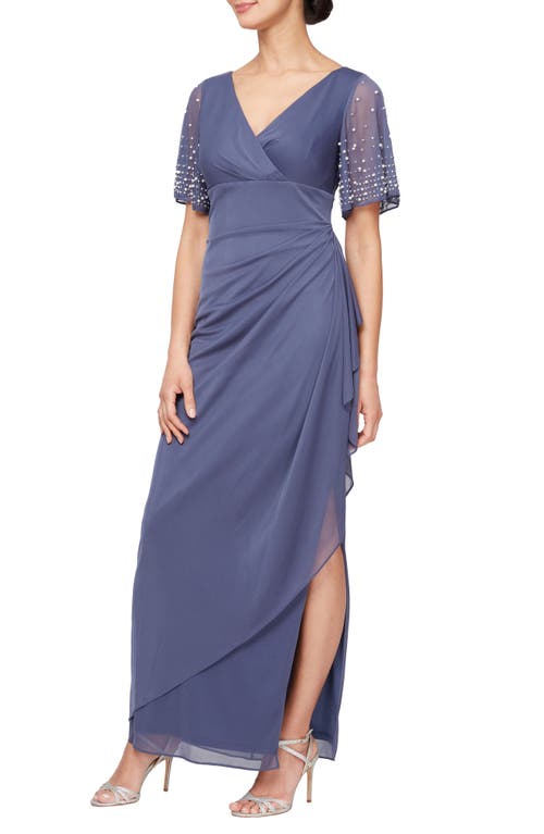 Alex Evenings Imitation Pearl & Rhinestone Embellished Empire Waist Gown In Blue