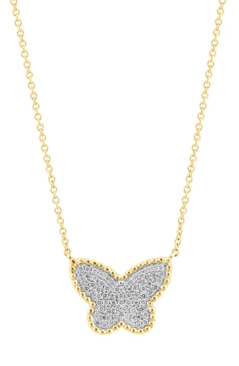 14K Yellow Gold Diamond Butterfly Pendant Necklace - 0.24ct.