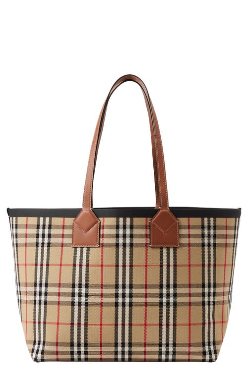 Shop Burberry Medium Heritage Check Canvas Tote In Briar Brown/black