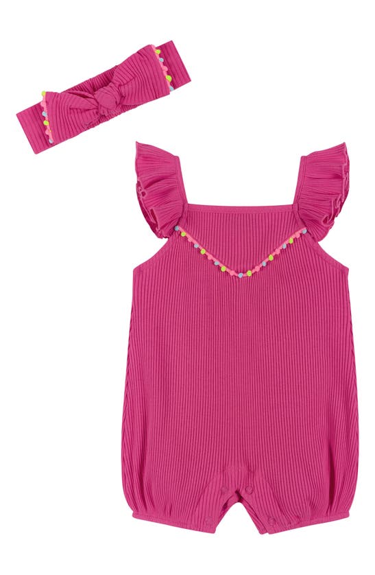 Shop Andy & Evan Rib Knit Romper & Headband Set In Fuchsia