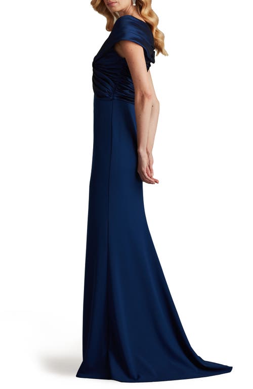 Shop Tadashi Shoji Portrait Neck Taffeta Gown In Navy