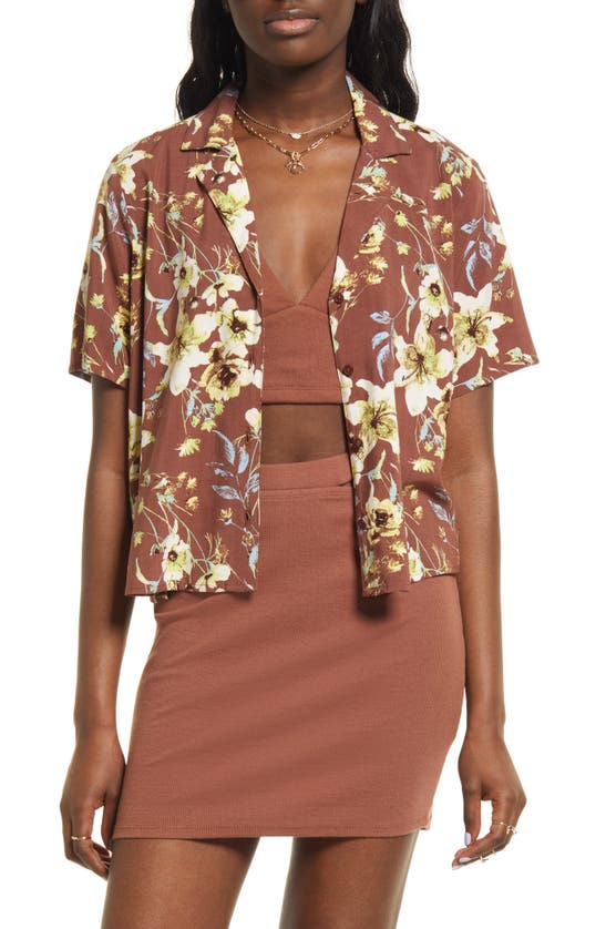 Bp. Retro Print Button-up Shirt In Brown Romantic Floral
