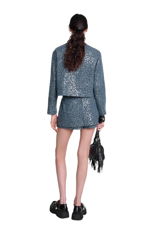 Shop Maje Sequinned Tweed Jacket In Blue Silver