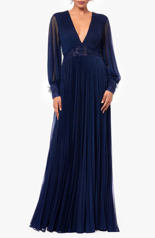 Betsy & Adam Petite V-neck Side-beaded Long-sleeve Gown In Navy