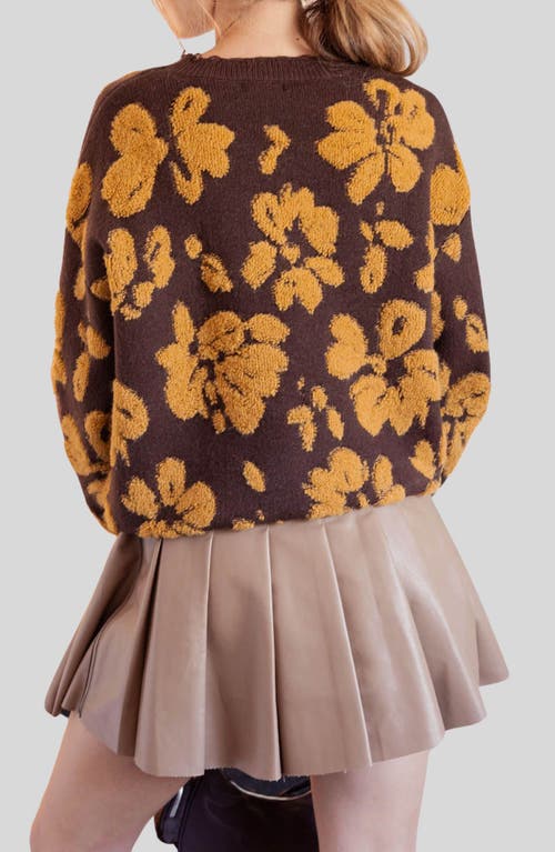 Blu Pepper Floral Distressed Terry Sweater In Brown