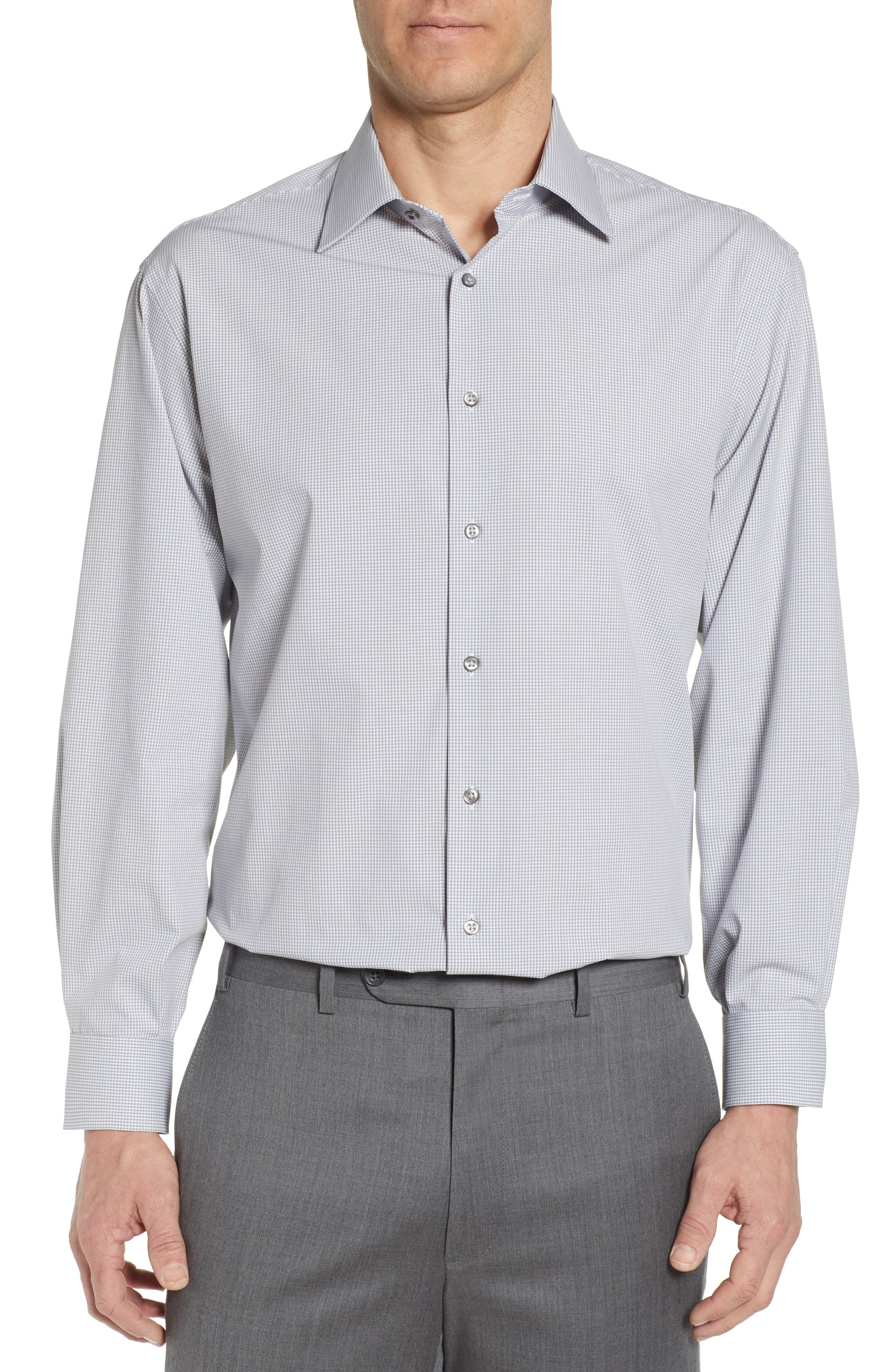 Nordstrom Men's Shop Tech-Smart Classic Fit Stretch Check Dress Shirt in Grey Sleet