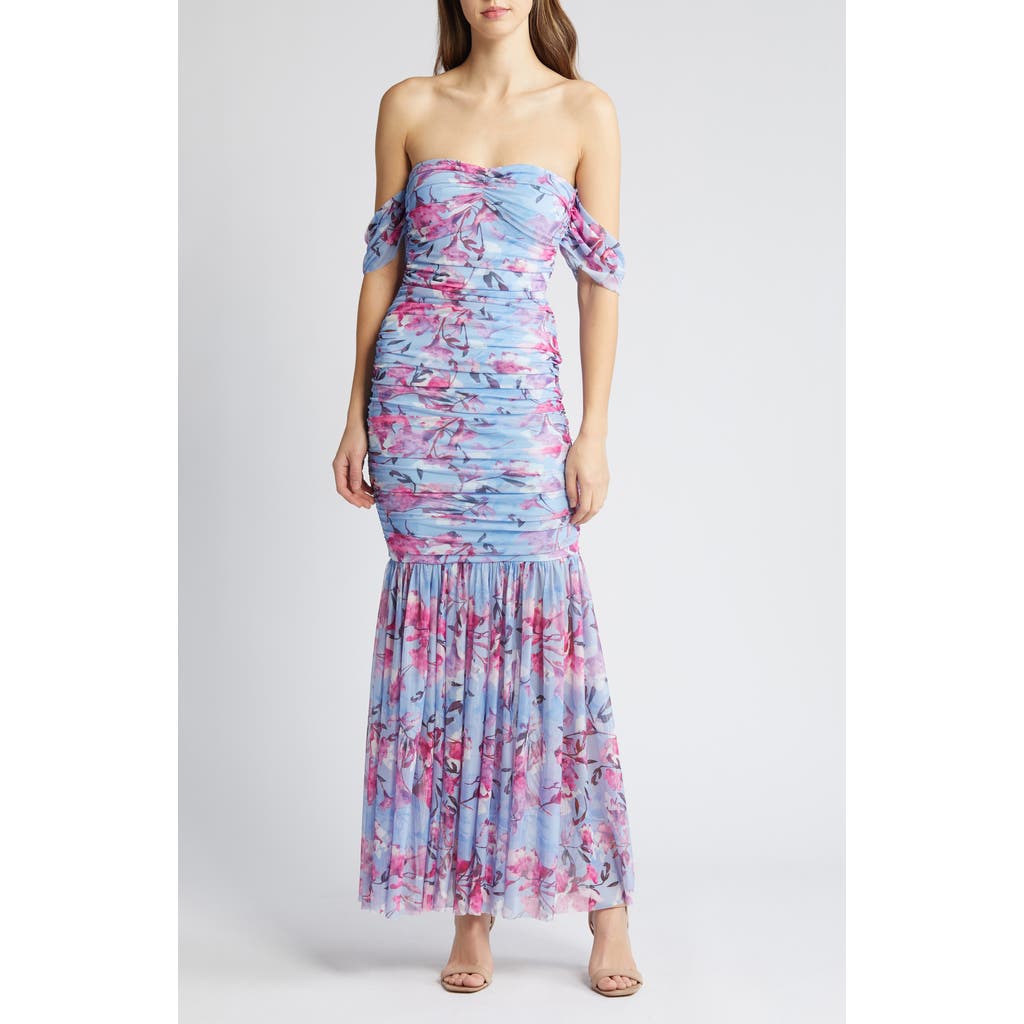 Bebe Floral Ruched Off The Shoulder Mesh Gown In Blue/multi