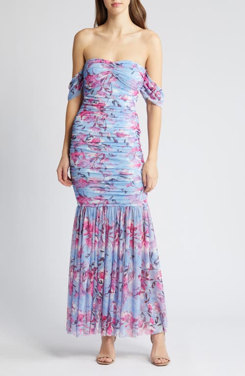 Floral Ruched Off the Shoulder Mesh Gown in Blue /Multi