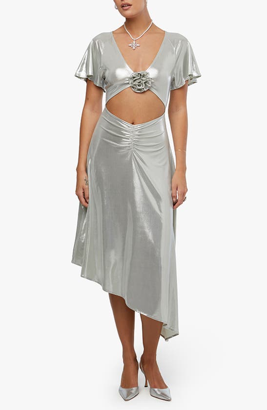 Weworewhat Asymmetric Cutout Metallic Dress In Silver