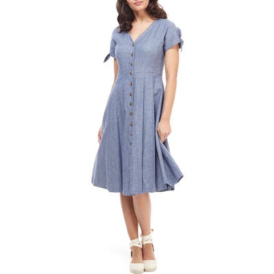 Gal Meets Glam Collection Lenna Button Front Linen Blend Fit & Flare Dress, Blue