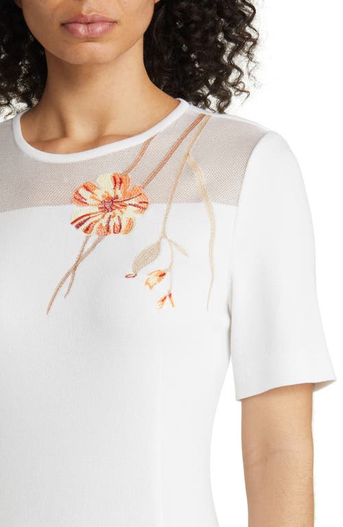 Misook Flower Embroidery Knit Dress In White/sand Multi
