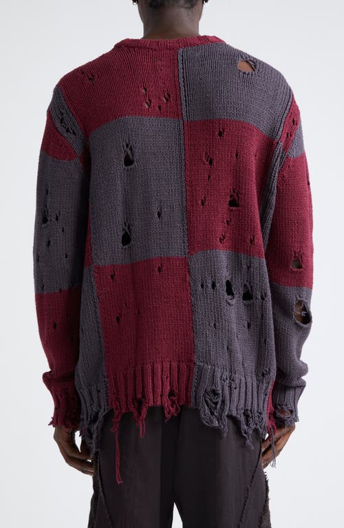 Shop Song For The Mute Checker Oversize Distressed Sweater In Burgundy/charcoal