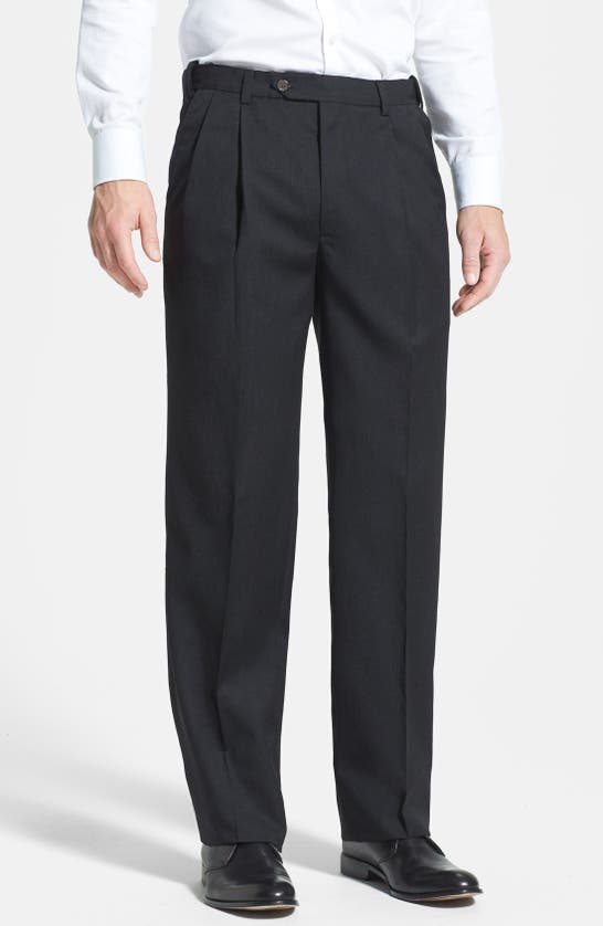 BERLE BERLE SELF SIZER WAIST PLEATED CLASSIC FIT WOOL GABARDINE DRESS PANTS