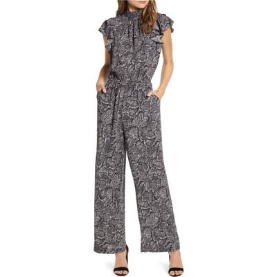 1.state Snake Print Flutter Sleeve Jumpsuit, Black
