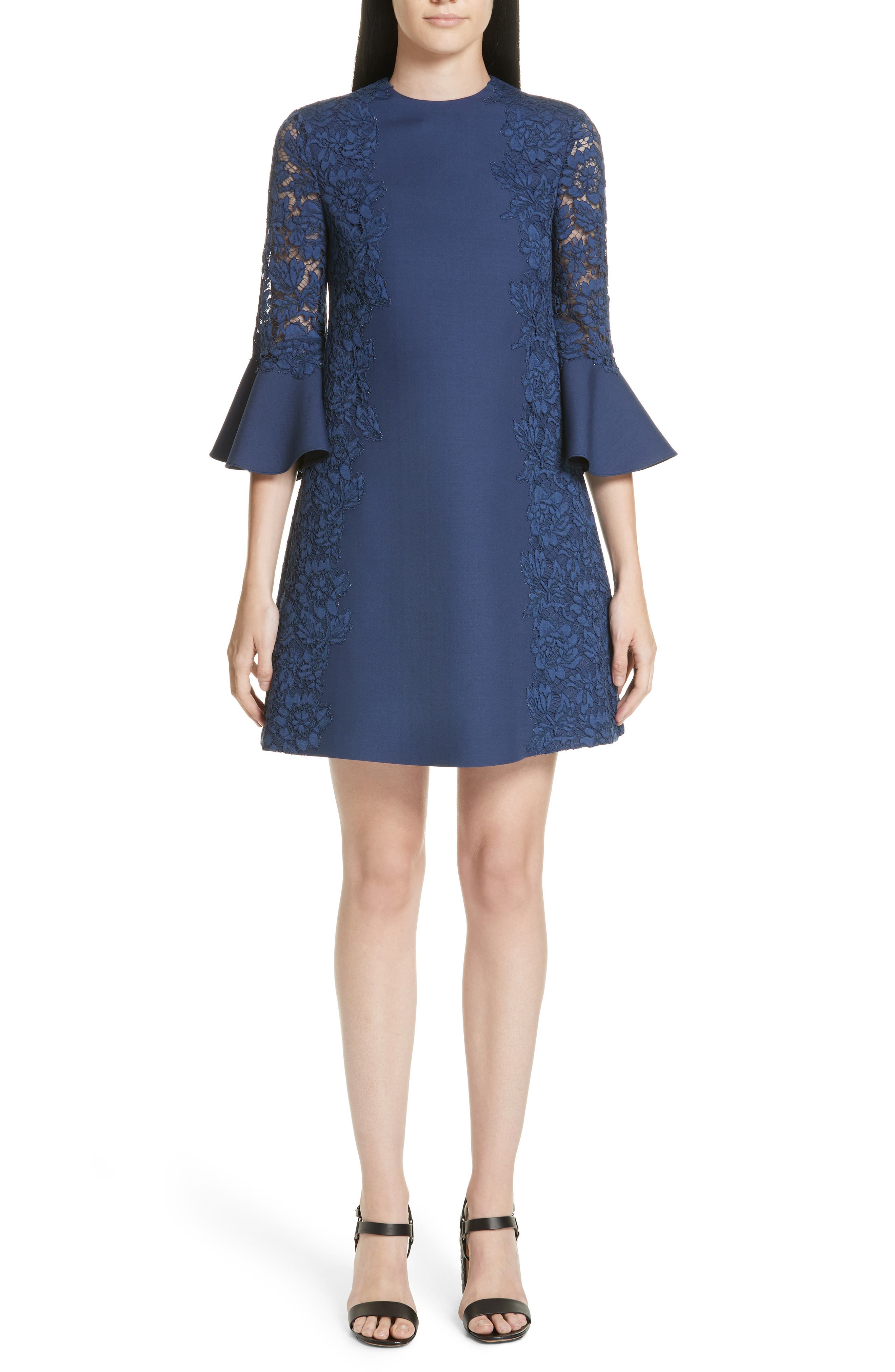 Valentino Lace & Crepe Couture Bell Sleeve Dress, Blue
