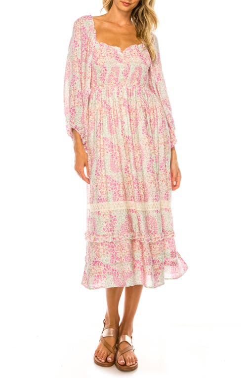 Floral Long Sleeve Midi Dress in Pink Multi